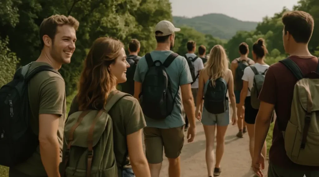 Grupo de viajeros compartiendo una caminata al aire libre