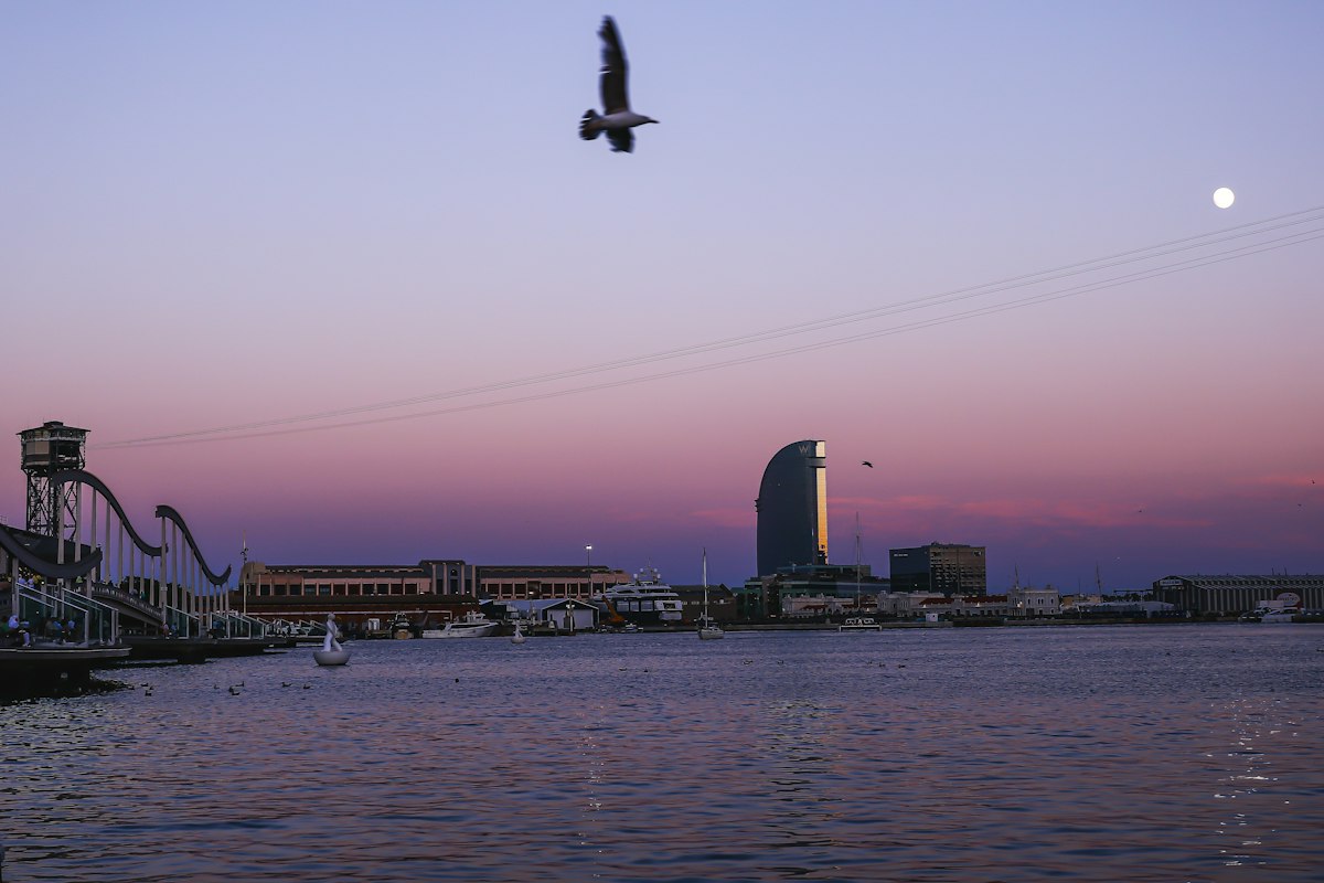 Puerto de Barcelona al anochecer, ciudad prevista de salida del crucero